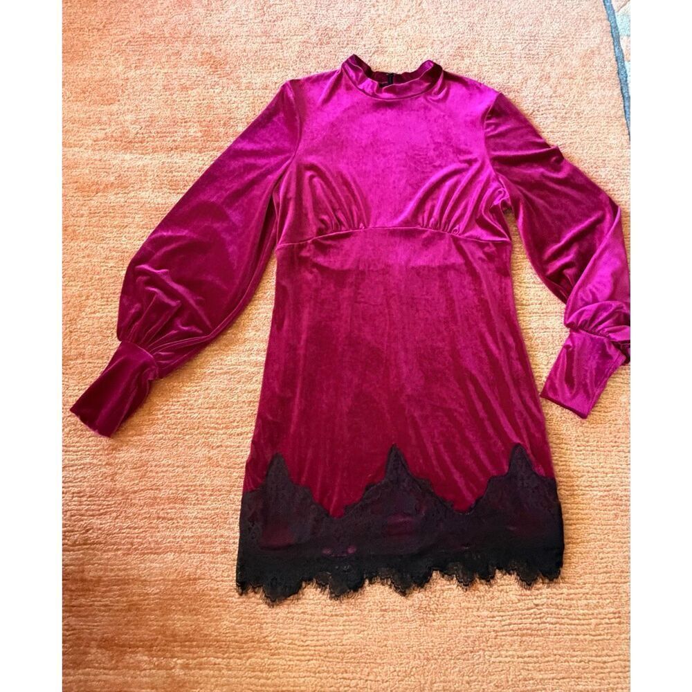 ASOS Velvet Lace Mini Dress Pink Black Long Sleeve Size 12